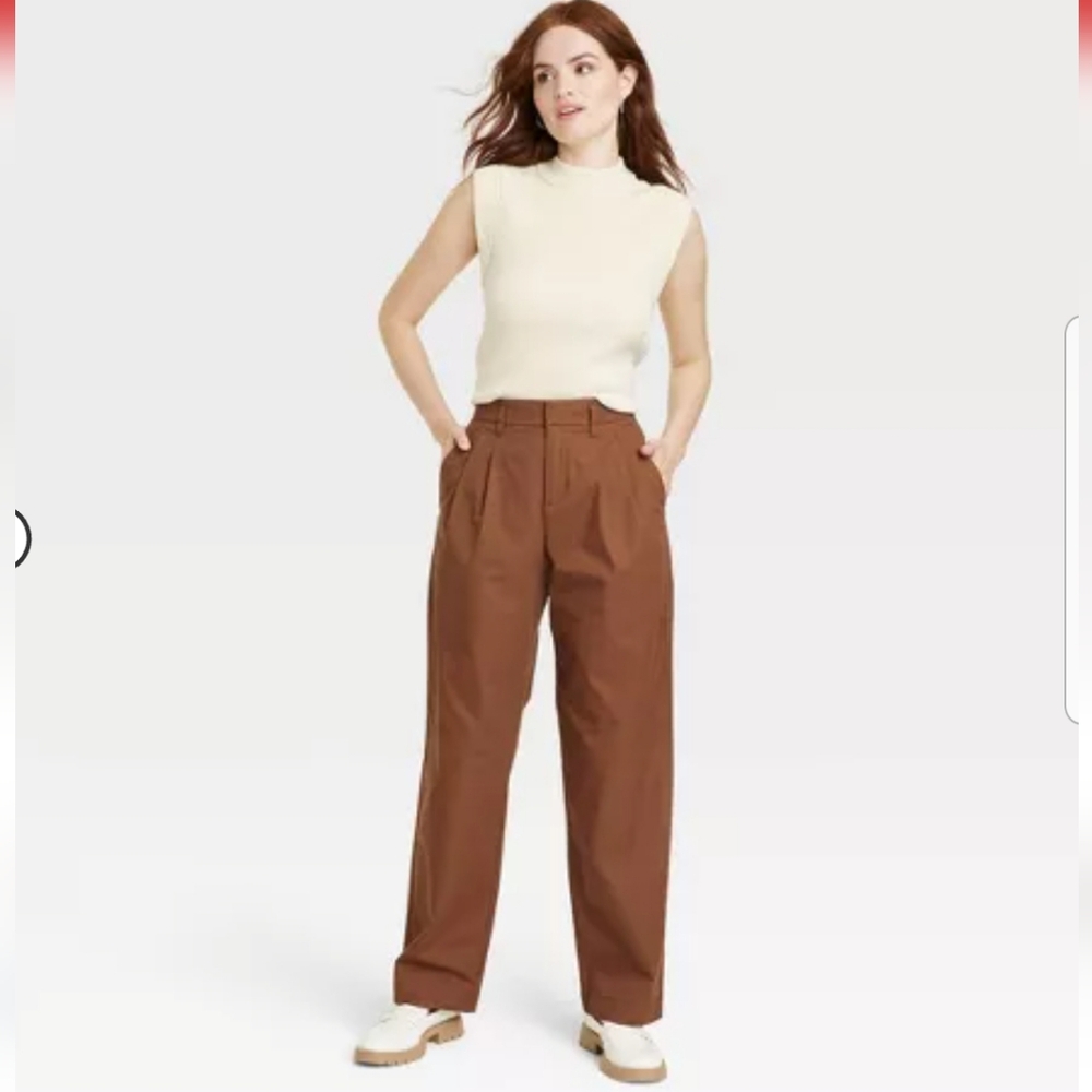 A new day high rise sraight Pants Brown NWT Cotton Pleat Front